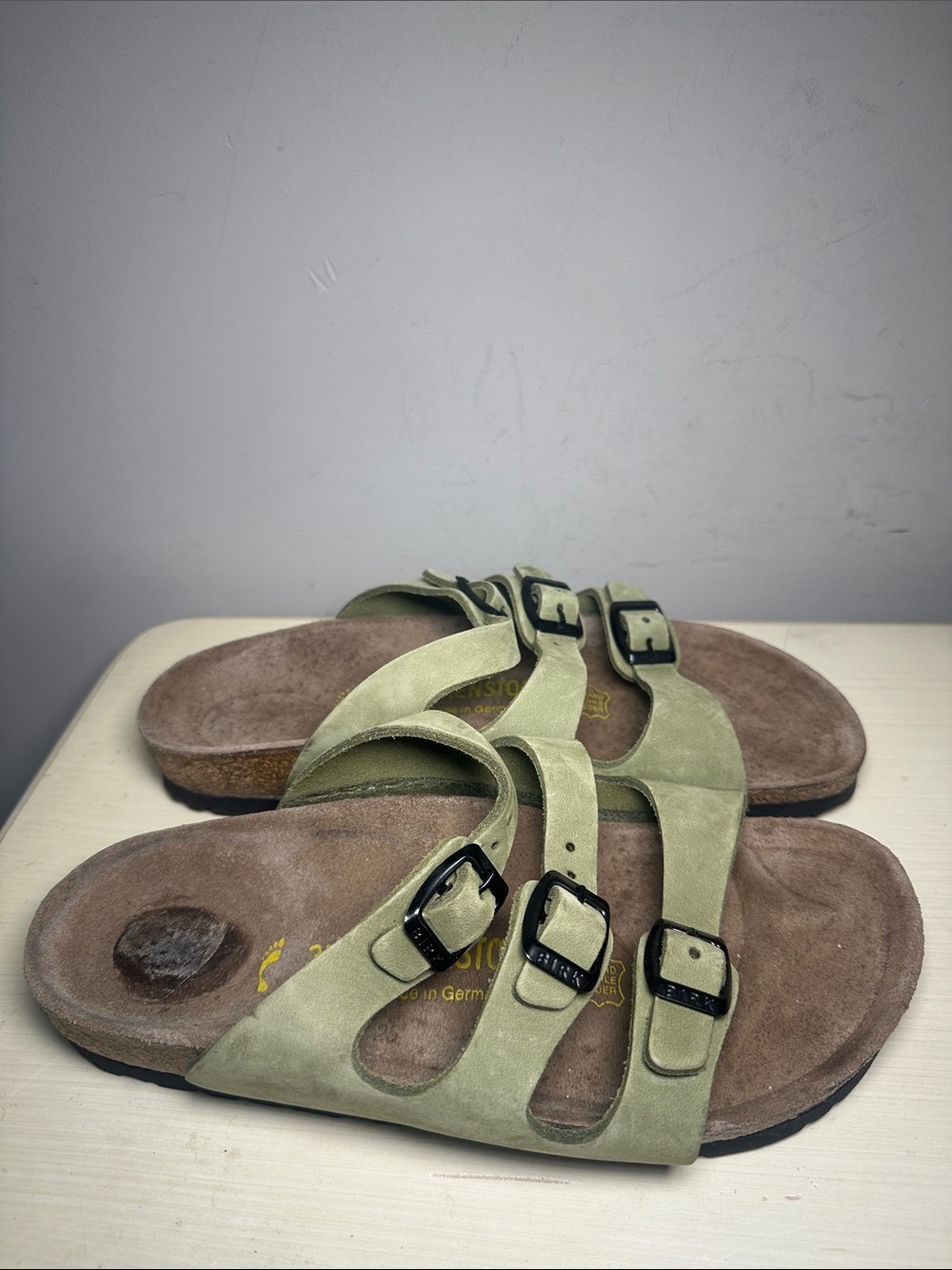 Birkenstock triple strap light green Suede leather Slide Sandals